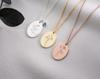Engraved Birth Flower Necklace: Sterling Silver Floral Disc Pendant
