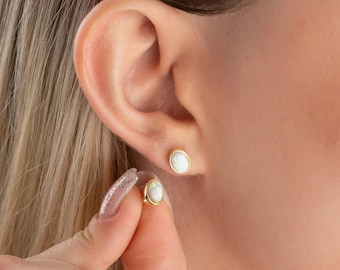 14k Gold Opal Stud Earrings, Dainty White Opal Earrings, Sterling Silver Blue Real Opal Earrings