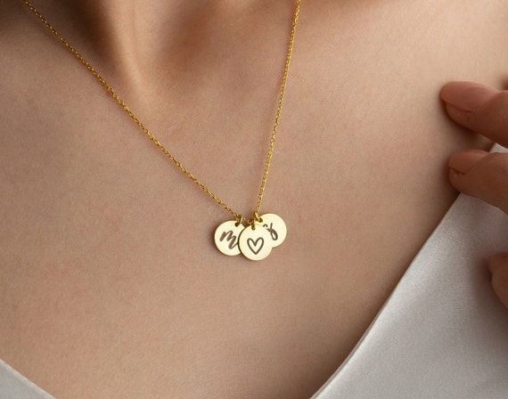Two Initial Necklace With Heart Double Name Necklace Gold Multiple Letter Pendant Tiny Disc Necklace Valentine Day Gift Mother Day Gift Etsy