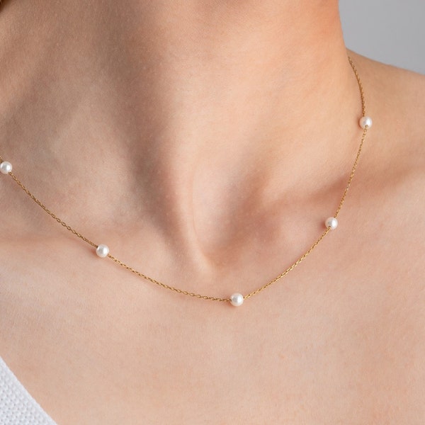 14k Gold Multiple Pearl Necklace, Tiny Pearl Necklace, Dainty Wedding Necklace, Bride Pearl Jewellery, Bridesmaid Necklace