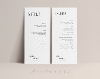 Reception Menu Printable Editable Menu Cocktail Menu for Wedding Reception Simple Modern Wedding