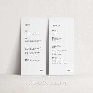 Può includere: Due biglietti di menu bianchi minimalisti con testo nero. Un biglietto recita "MENU" ed elenca gli alimenti. L'altro biglietto recita "DRINKS" ed elenca le bevande. I biglietti sono per un matrimonio o un evento.