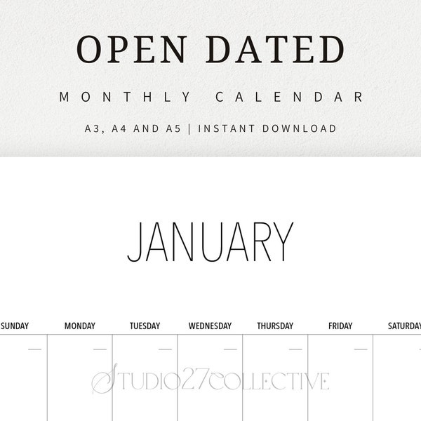 Calendar Open-dated Calender Instant Download Planner Simple Modern Monthly Calendar Monthly Planner Calendar Open Dated Desk Calendar