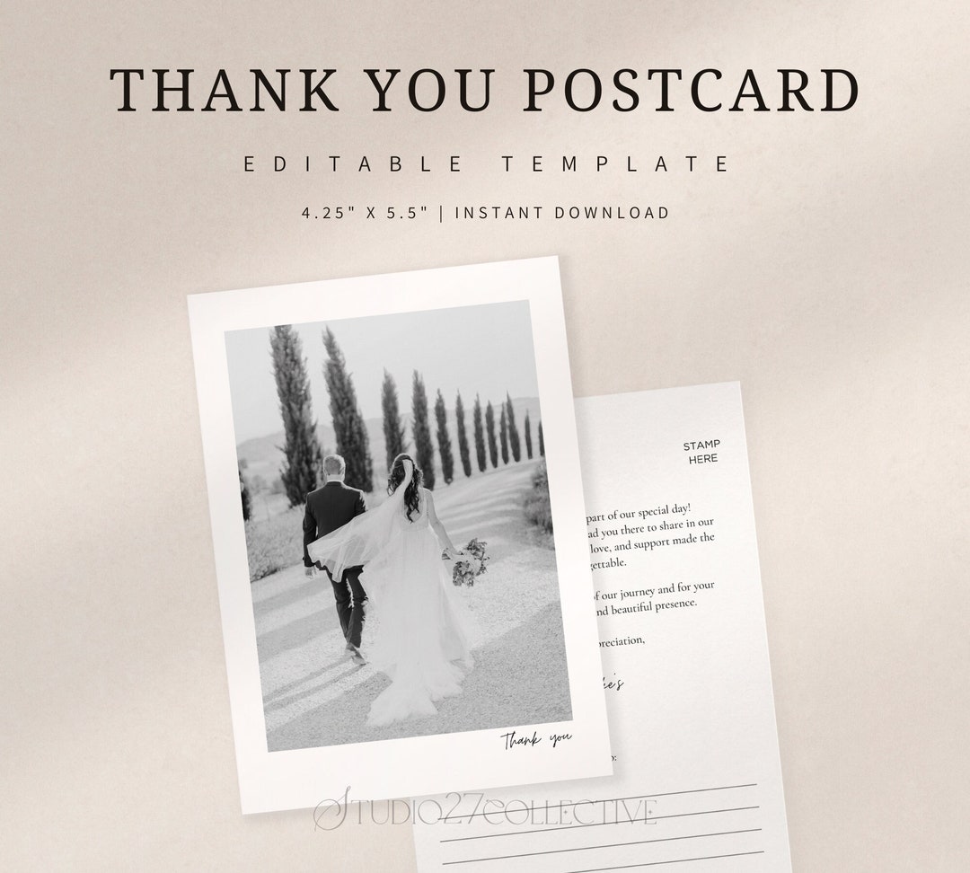 Thank You Postcard Photo Minimalist Thank You Card Template Printable ...