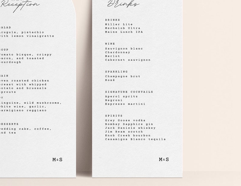 Reception Menu Printable Editable Menu Cocktail Menu for Wedding