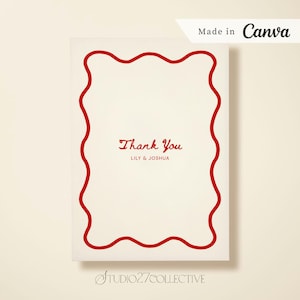 Puede incluir: Una tarjeta blanca con un borde rojo ondulado y las palabras "Thank You" en una fuente cursiva. Los nombres "LILY & JOSHUA" están debajo del texto. La tarjeta está etiquetada como "Made in Canva" y tiene el logotipo de Studio27Collective.