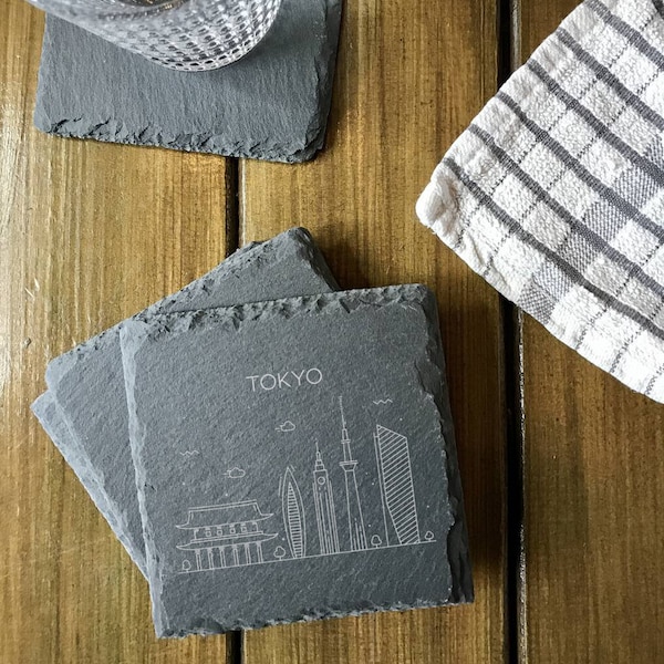 Tokyo Skyline Engraved Stone Coaster, Chic Urban Home Decor, Protective Drink Accessory, Unique Housewarming Gift - Pack of 4