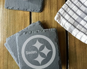 Pittsburgh Steelers Slate Coasters - Handcrafted Square Drink Rests for Game Day Gatherings, Perfect Fan Gift - 4 Coasters