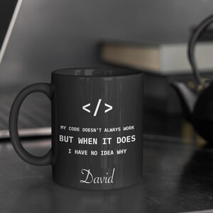 a black coffee mug sitting on top of a table