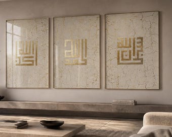 Goudfolie islamitische drieluik wanddecoratie prints, kufische Arabische kalligrafie Dhikr Tasbih gemarmerde kalksteen kunst neutraal, set van 3