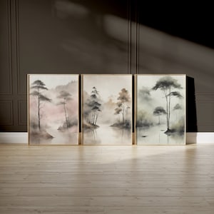 Japandi Landschaft Wand Kunst Giclée Druckt Waldbäume Landschaft Fine Art Poster Beruhigung Gelassenheit Natur Kunstwerk Wohnkultur 3-teiliges Set Drucke