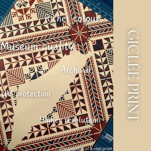 May include: A close-up of a printed image with a geometric pattern in red, black, and white. The text "Gicl&eacute;e Print" is printed vertically on the right side of the image. The text "Richer colours", "Museum quality", "Archival", "UV protection", and "Higher resolution" are printed on the image. The text "Photograph of a real print" is printed at the bottom of the image.