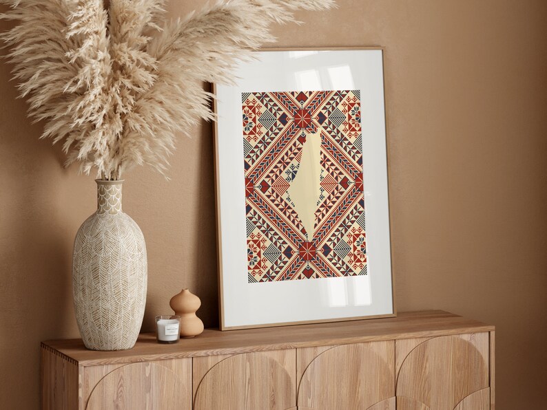 May include: A framed print of the country of Jordan in a red, white, and blue geometric pattern.