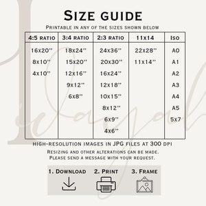 May include: A printable size guide for digital downloads. The guide shows different aspect ratios and corresponding sizes in inches, including 4:5, 3:4, 2:3, 11x14, and ISO paper sizes. The guide also includes instructions for downloading, printing, and framing the digital downloads.
