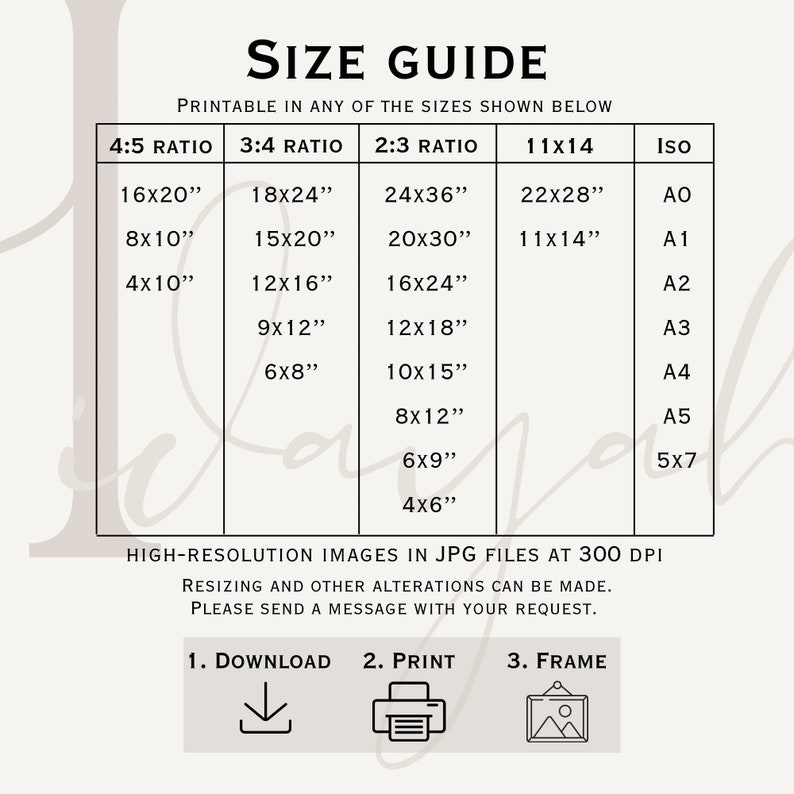 May include: A printable size guide for digital downloads. The guide shows different aspect ratios and corresponding sizes in inches, including 4:5, 3:4, 2:3, 11x14, and ISO paper sizes. The guide also includes instructions for downloading, printing, and framing the digital downloads.