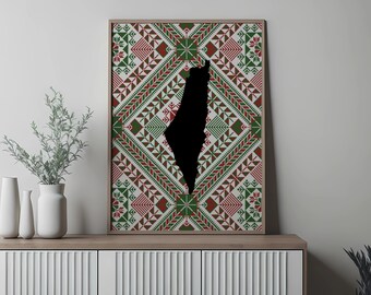 May include: A framed print of a black silhouette of the country of Israel on a white background with a red and green geometric pattern.