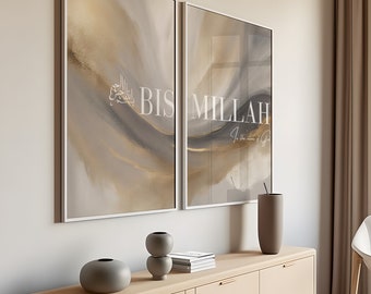 Printable Islamic Art Marble Wave Abstract Set of 2 Art Prints Wall Posters Bismillah Arabic Calligraphy English Transliteration Translation