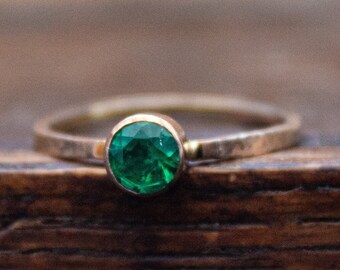 OOAK Bezeled Brilliant Flashy Green Emerald Gold Filled Ring Size 7 Stackable