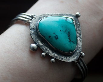 Short Pear Turquoise Cuff Sterling Silver Oxidized Textured Bracelet