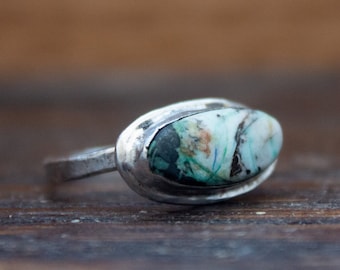 OOAk Blue Horizon Azurite Cabochon East to West Oval Sterling Silver Ring Size 7