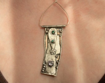 Flower Irregular Emerald, Alexandrite, and Sterling Silver on Copper Backing Pendant Necklace; For Her, Mixed Metal Freeform; Handmade