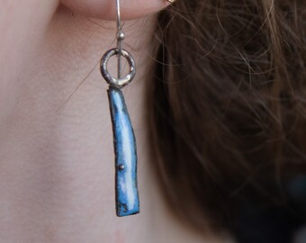 OOAK Enamel Glass Copper Sterling Silver Blue and White Narrow Rectangular Dangle Earrings