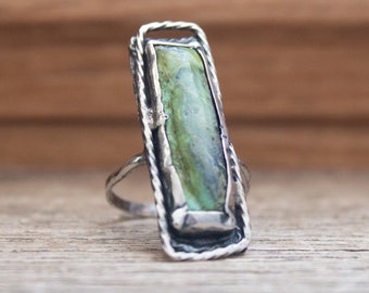 Handmade Blue Green Ceramic Stone Ring, Oxidized Sterling Silver, Size 6.5