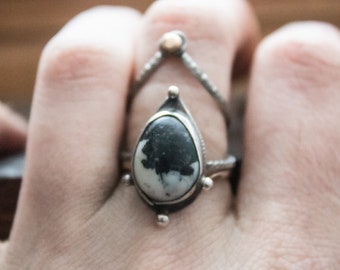 White Buffalo Stone Sterling Silver Ring - Yin Yang, Teardrop, Size 7