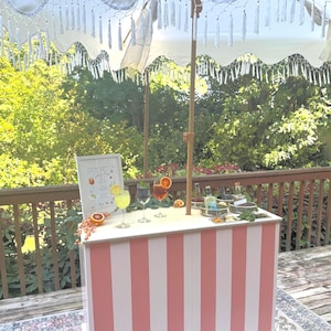 Sip &Spritz cart painted pale peach and apricot stripes collapsible with casters. Champagne cart. Bar cart. Spritz cart. Aperol, limoncello