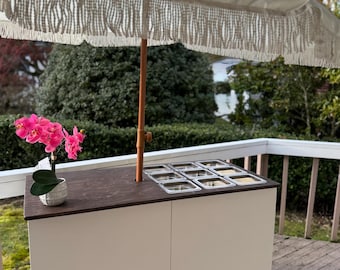 Folding charcuterie cart with customizable top painted white base with walnut stained top