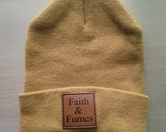 Faith and Fumes Beanie, yellow winter hat for men, unisex mustard toque, cozy winter beanie for snowboarding skiing and motocross