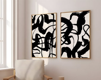 Black and White Abstract Art Print Set of 2, Modern Neutral Art, Abstract Gallery Prints, Minimalist Brushstroke Posters, Digital Download