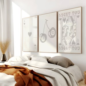 Conjunto de arte de pared retro gris de moda de 3, impresión de tarjeta Ace, póster Lucky You, cerezas de 8 bolas, arte de pared neutro, conjunto imprimible, descarga digital