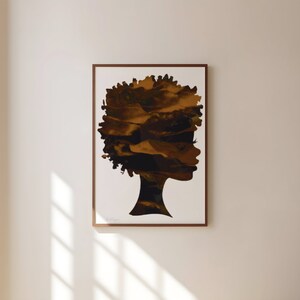 Brown neutral female silhouette print, Black woman kinky afro poster, Dark skintone art, African natural hair painting, instant download