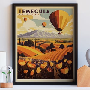 Über den Mohnblumen schweben | Heißluftballon | Temecula Weindruck Poster | Wein Wand Kunst | Geschenk | Wein Poster | Wein Gemälde | Wanddeko