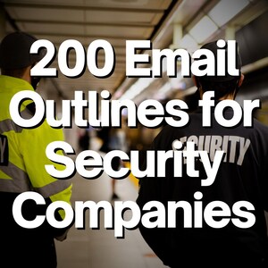 Puede incluir: Dos guardias de seguridad en una estación de metro. El texto "200 Email Outlines for Security Companies" está superpuesto a la imagen.