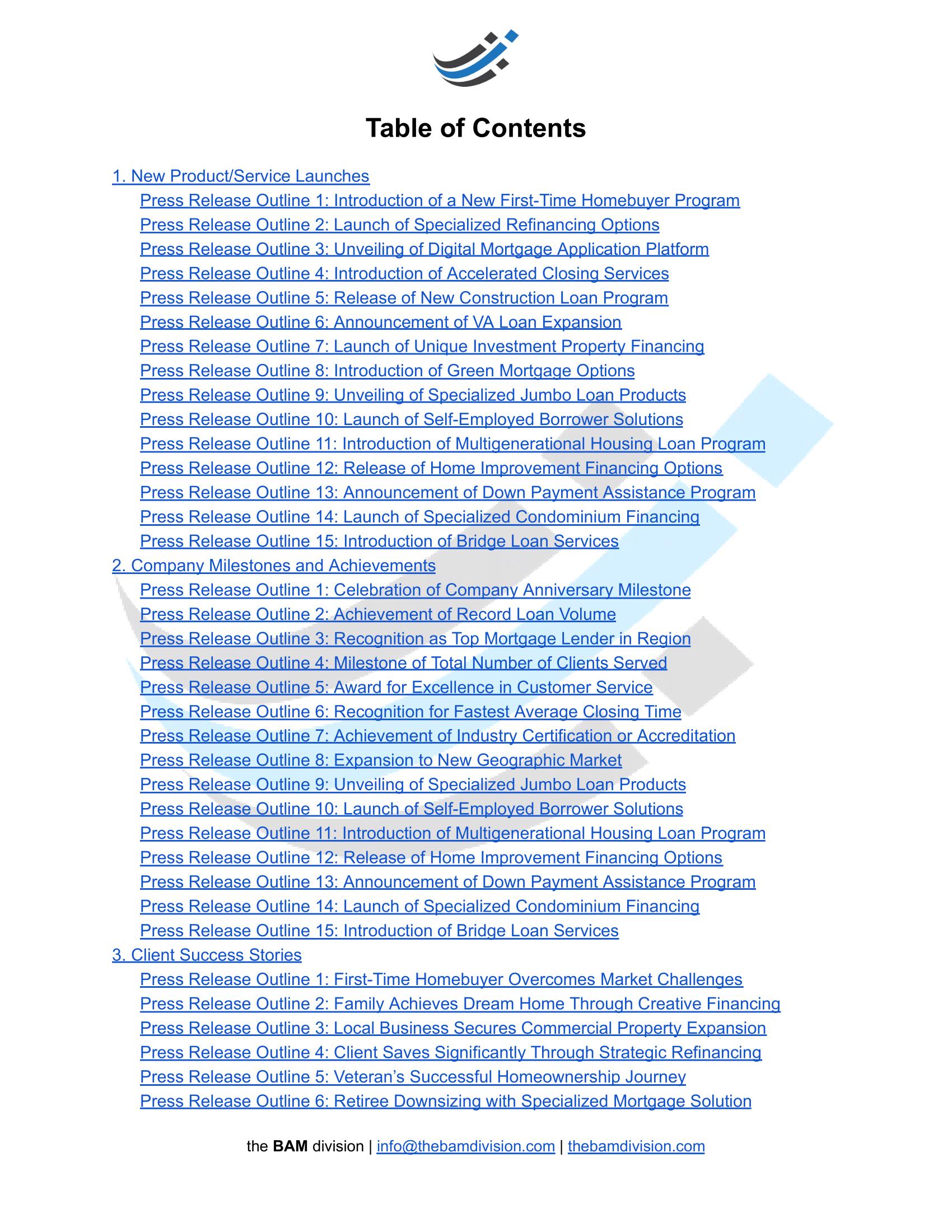 150 Sample Press Release Template Outlines for Mortgage Lenders: DFY ...