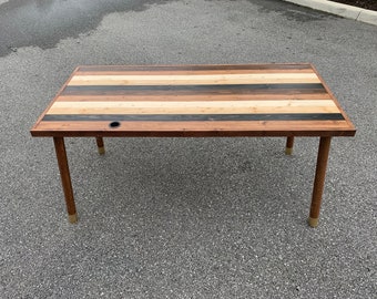 Wood Office Desk With Cable Hole, Striped Computer Table, Mid Century Modern Writing Desk, Small Home Office Furniture With Tapered Legs