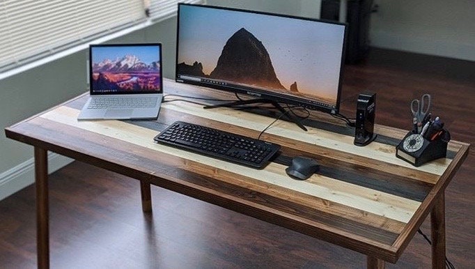 Wood Office Desk, Walnut Wood Desk Table, Rustic Working Desk, Wood Computer Desk, Small Writing Desk, Desk with inclined Wooden Legs