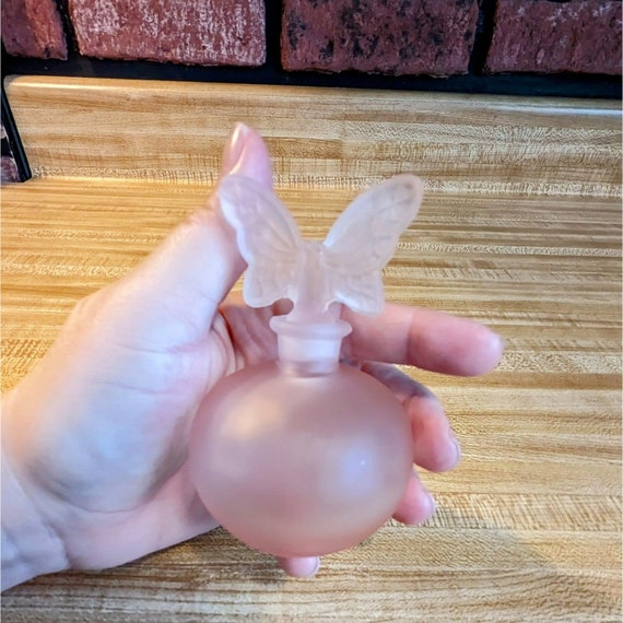 Vintage Pink Frosted Silk Glass Perfume Bottle Wi… - image 2