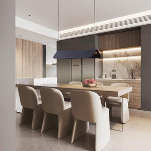 May include: A modern dining room with a wooden table and six beige chairs. A black pendant light hangs above the table. The room has a minimalist design with wood and white accents.