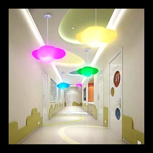May include: A hallway with a white ceiling and white walls. The ceiling has a colorful design with yellow, green, and blue cloud-shaped lights hanging from the ceiling. The walls are decorated with green and yellow shapes.