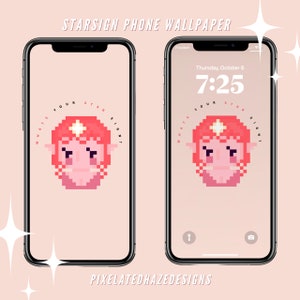 May include: A pink and red pixelated illustration of a character with a star on their head. The character is surrounded by the text "What's your star sign?" on a pink background. The image is a phone wallpaper.