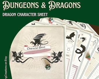 Può includere: Un foglio di personaggio Dungeons & Dragons stampabile con un drago nero e uno stendardo che recita "Character Sheet". Il foglio è circondato da un design a stella dorata. L'immagine include anche un dado verde a 20 facce.
