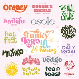 Peut inclure: Plusieurs logos colorés sur fond rose clair. Les logos incluent "Orangy", "Bonnie's Bagels", "The Owl and Snake", "JoyBabe Studio", "Osole", "Kama Shek", "Hot Foot", "Funky Logo in 24 hours", "Miyako", "The Daily Social", "Cafe Citron", "Zeons", "The Vedge Life", "Tea & Toast", et "in flower".