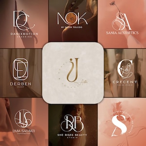 May include: A collection of nine logos in a soft, neutral color palette. Each logo features elegant typography, with some incorporating abstract line art. The logos represent various businesses, including coaching, aesthetics, and photography.