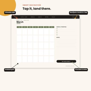 Peut inclure: Une interface de planificateur numérique présentant une grille de calendrier mensuel pour mars avec des jours non datés, une section pour les priorités mensuelles et une zone de notes. La mise en page comprend une barre de navigation supérieure avec des onglets cliquables, des boutons pour le mois suivant ou précédent et un bouton intitulé See weekly template.