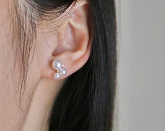 Japanese Akoya Pearl Stud Earrings 18k Solid Gold pt900 Platinum with Diamonds Three