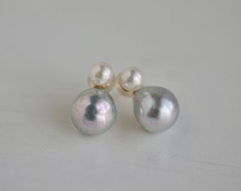 Natural Silver Blue Japanese Akoya Seawater Pearl Earrings, Detachable Earrings, 2way Earrings, Baroque, 18K Solid Yellow Gold, Handmade