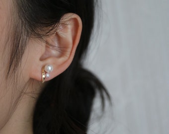 Two Japanese Akoya Seawater Pearl Bar Earrings, Stud Earrings，4+6.5mm White Tone, 10K / 18K Solid Yellow Gold, Handmade